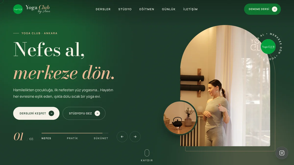 Anu Yoga Club web sitesinin ana sayfası