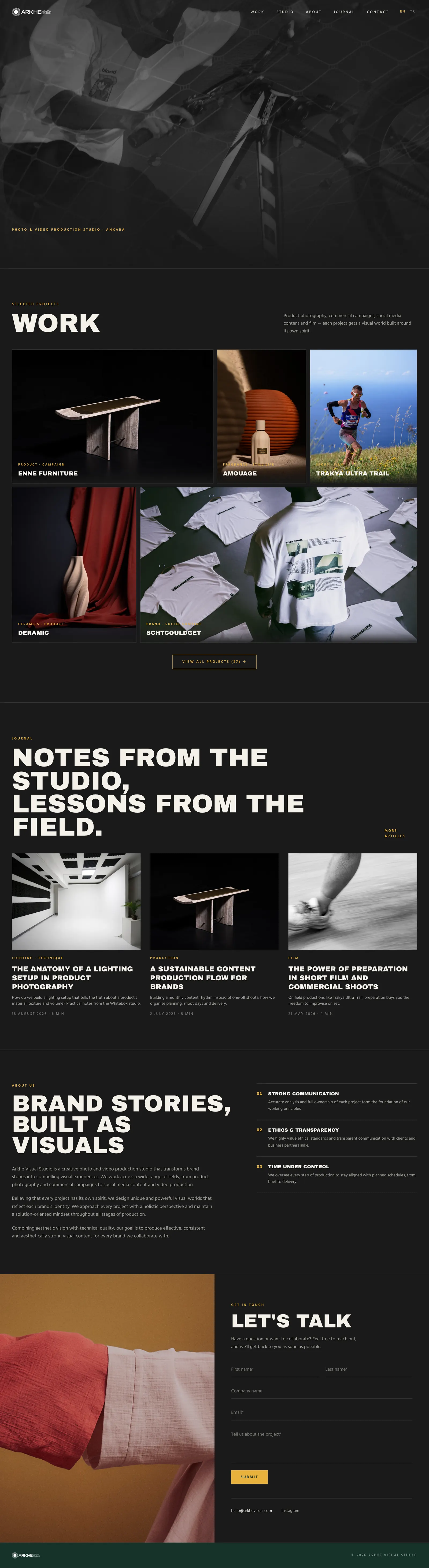 Arkhe Studio portfolyo sitesinin ana sayfası