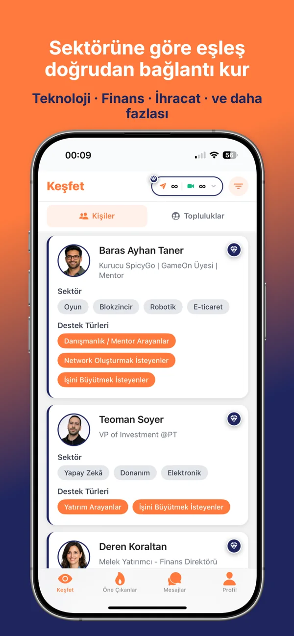 DAYICO sektöre göre eşleşme ekranı