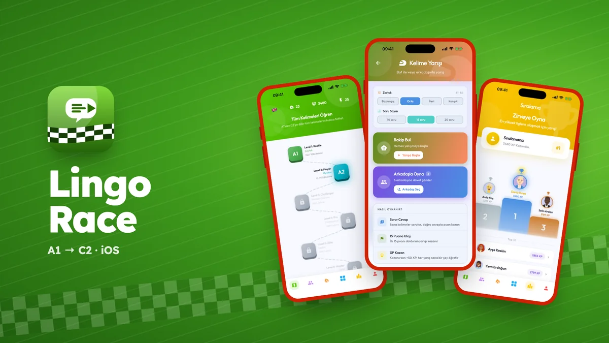 Lingo Race mobil uygulamasının ekranları