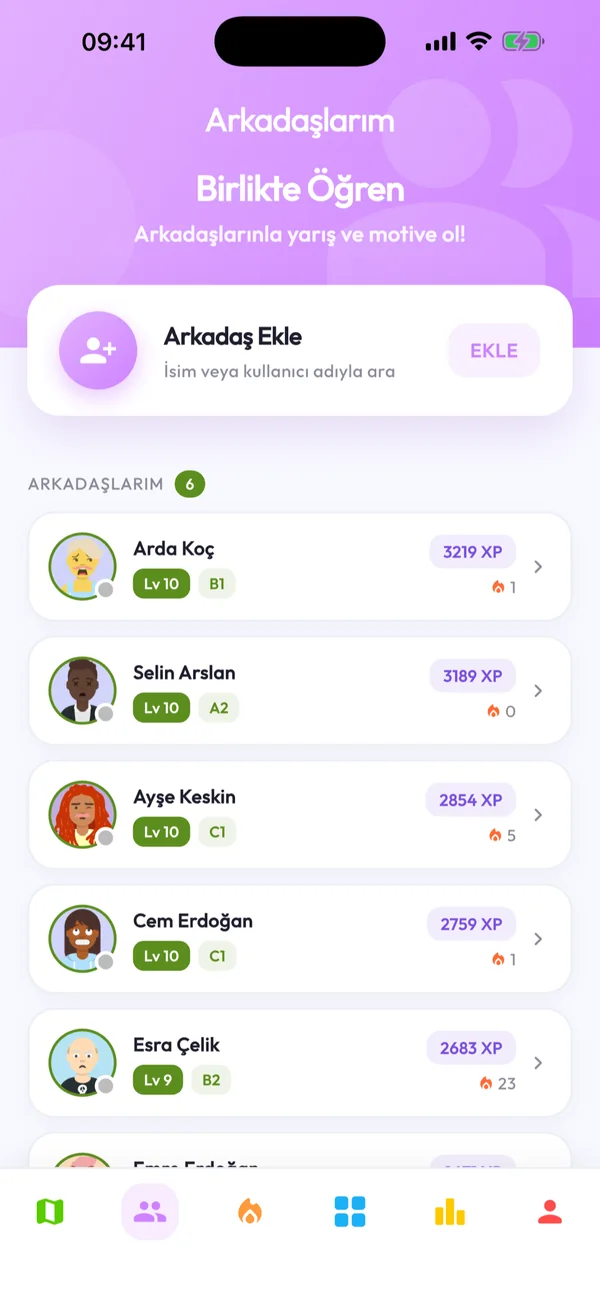Lingo Race arkadaşlar ekranı