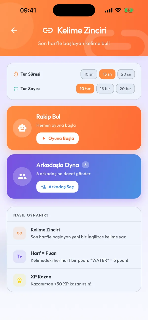 Lingo Race kelime zinciri ekranı