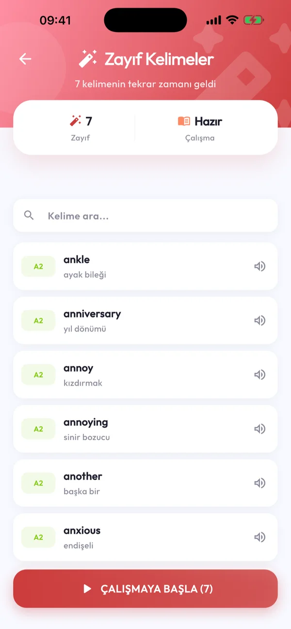 Lingo Race zayıf kelimeler ekranı