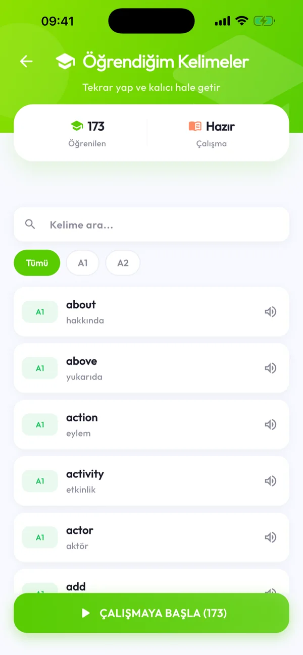 Lingo Race öğrendiğim kelimeler ekranı