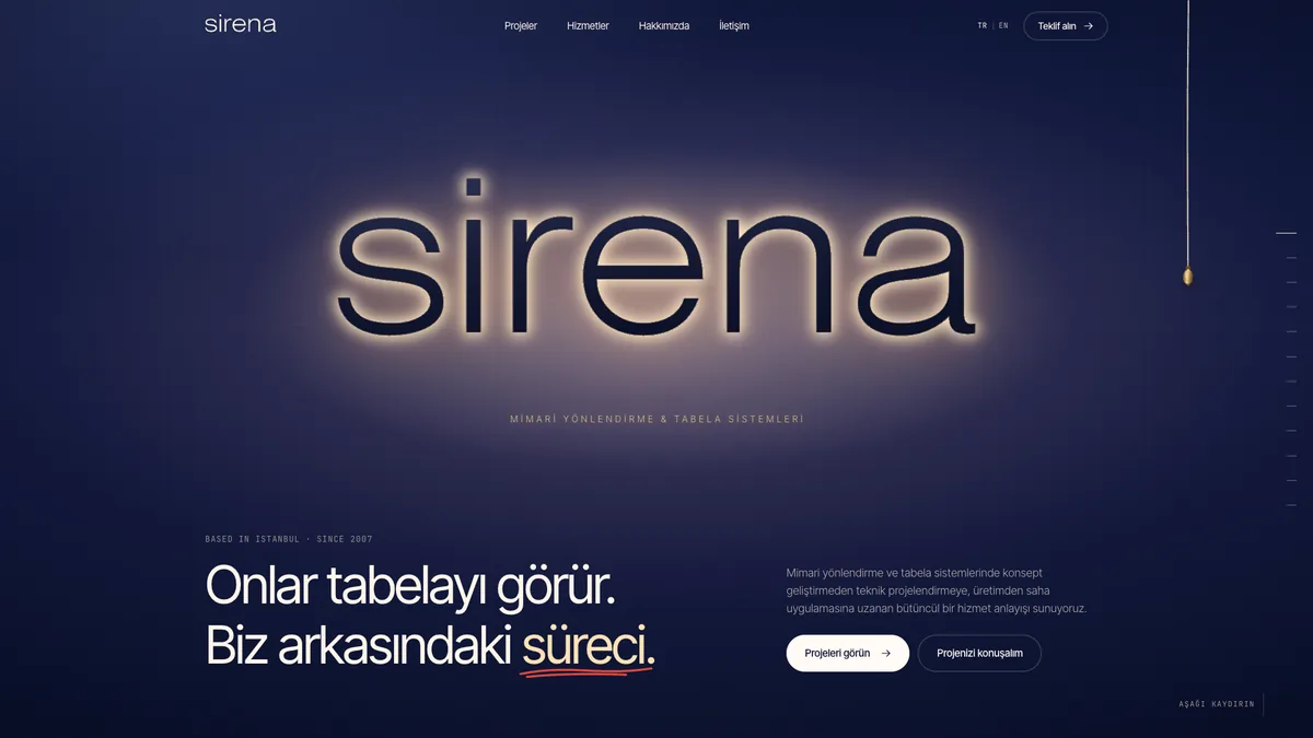Sirena web sitesinin ışıklı tabelalı ana sayfası