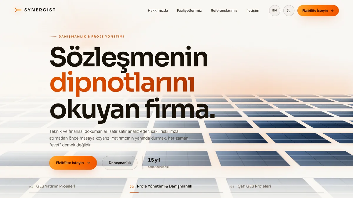 Synergist kurumsal web sitesinin ana sayfası