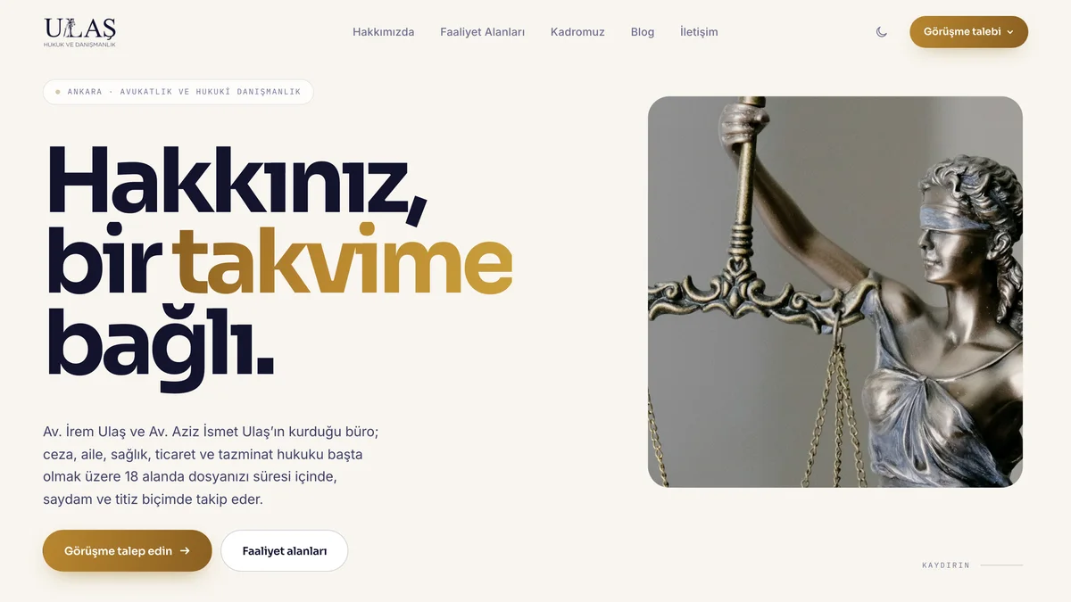 Ulaş Hukuk ve Danışmanlık web sitesinin ana sayfası